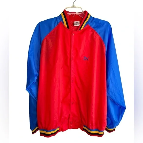 Vintage Puma Mens Large Wind Breaker Track Jacket Snap Button Red Blue Black - Picture 5 of 15